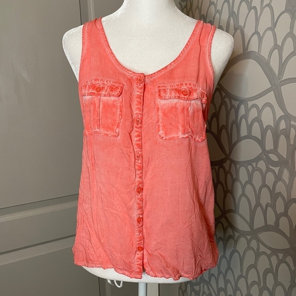 Aeropostale Sz S Sleeveless Blouse Front Pockets Coral Pigment Dyed Round Neck - Picture 1 of 6